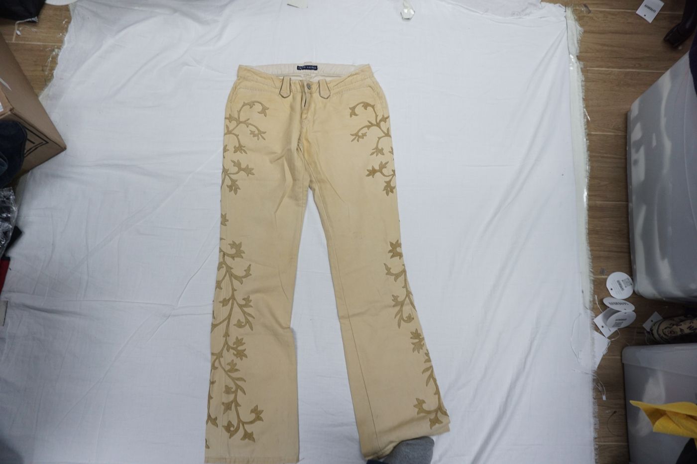 Cream trousers — hem embroidery
